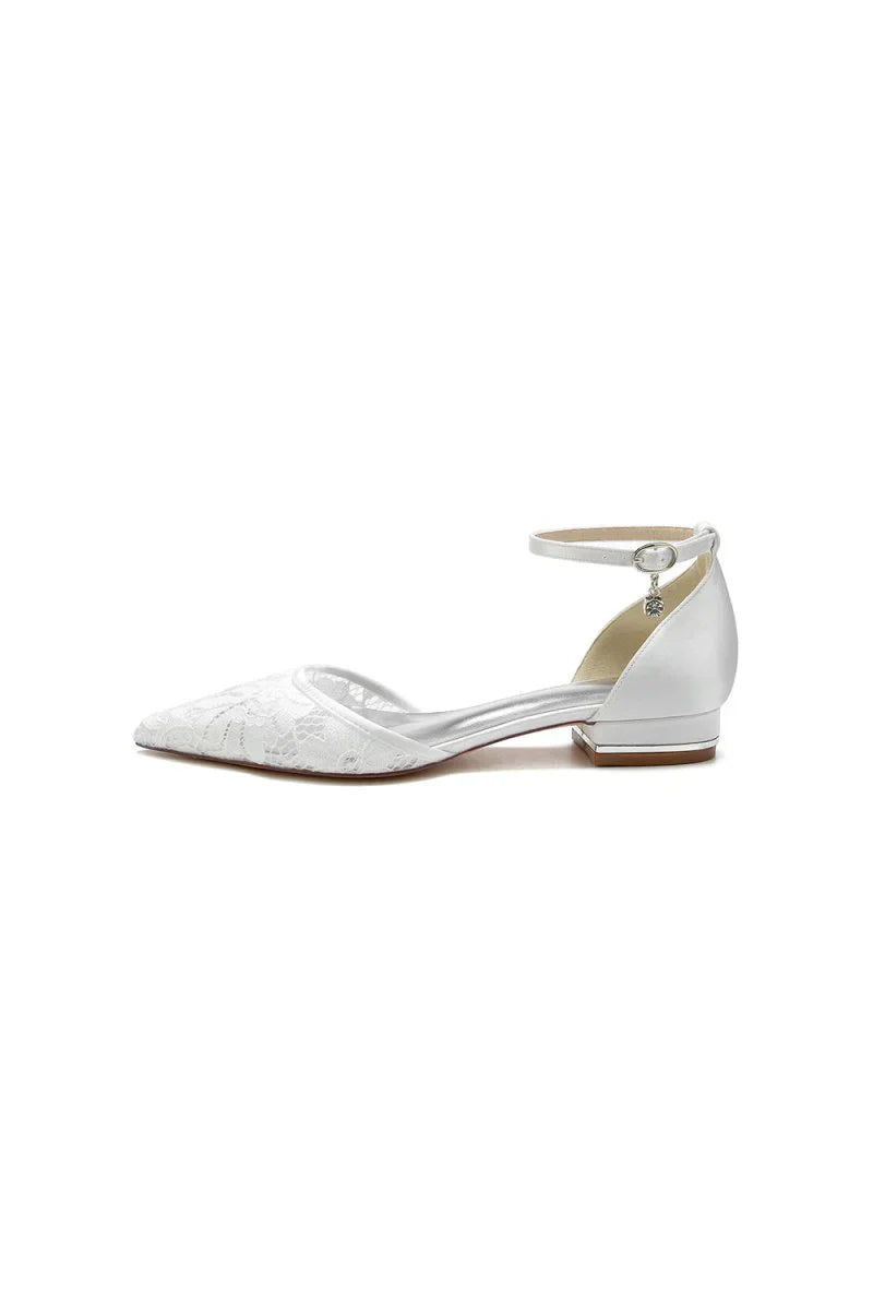 Lace Pointed Toe Ankle Strap Kitten Heels