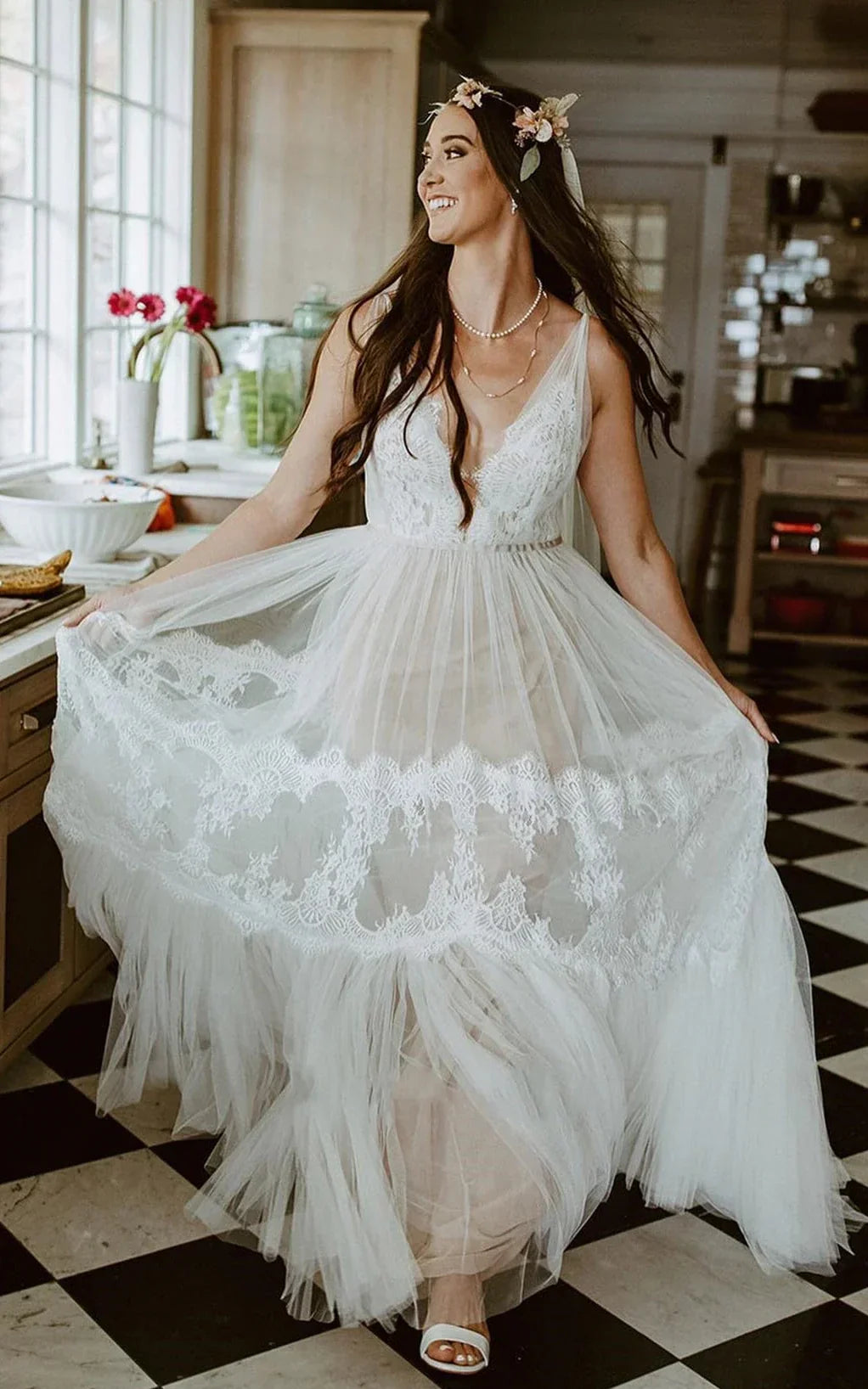 A Line Lace Bohemian V neck Wedding Dress With Low V Back And Appliques