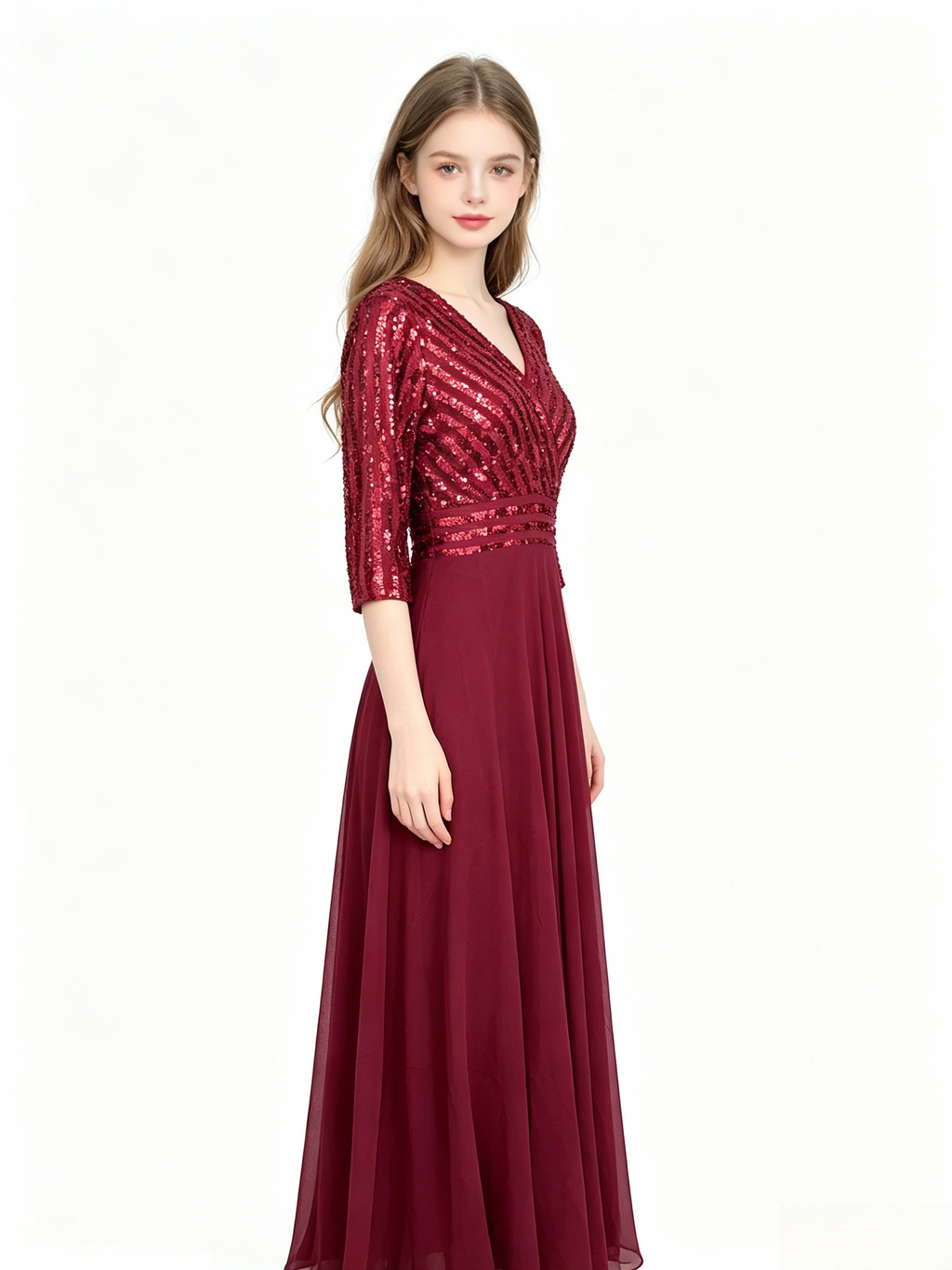 Burgundy Sequin Chiffon Maxi Evening Dress