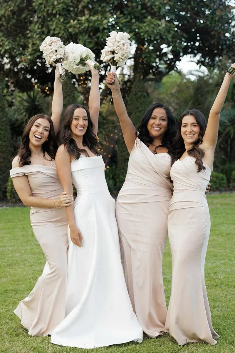 Mermaid Off the Shoulder Champagne Elastic Satin Long Bridesmaid Dresses