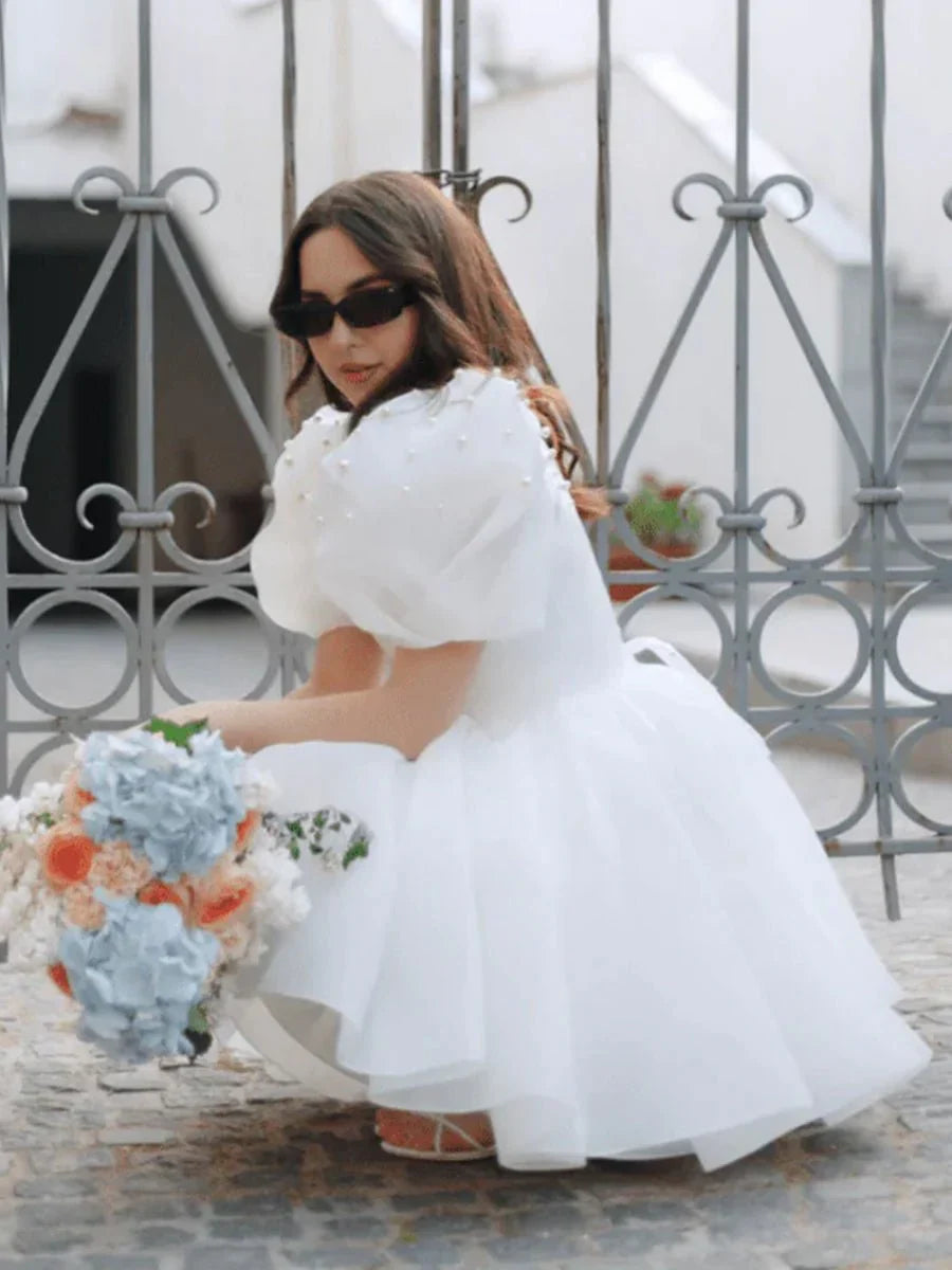 A Line Square Neck Short Wedding Dress With Puffy Pearls Sleeves