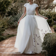 A Line Exquisite Lace Appliqued Cap Sleeves Wedding Dress