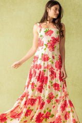 CRIMSON BLOOMS RED FLORAL MAXI DRESS