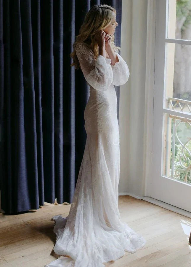 Long Lartern Sleeve Mermaid V Neck Backless Lace Bohemian Wedding Dresses