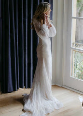 Long Lartern Sleeve Mermaid V Neck Backless Lace Bohemian Wedding Dresses
