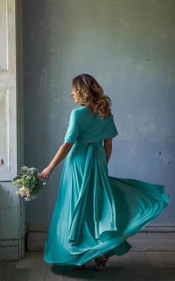 A Line Halter Neck Jersey Bridesmaid Dress With Half Sleeves And Straps Back