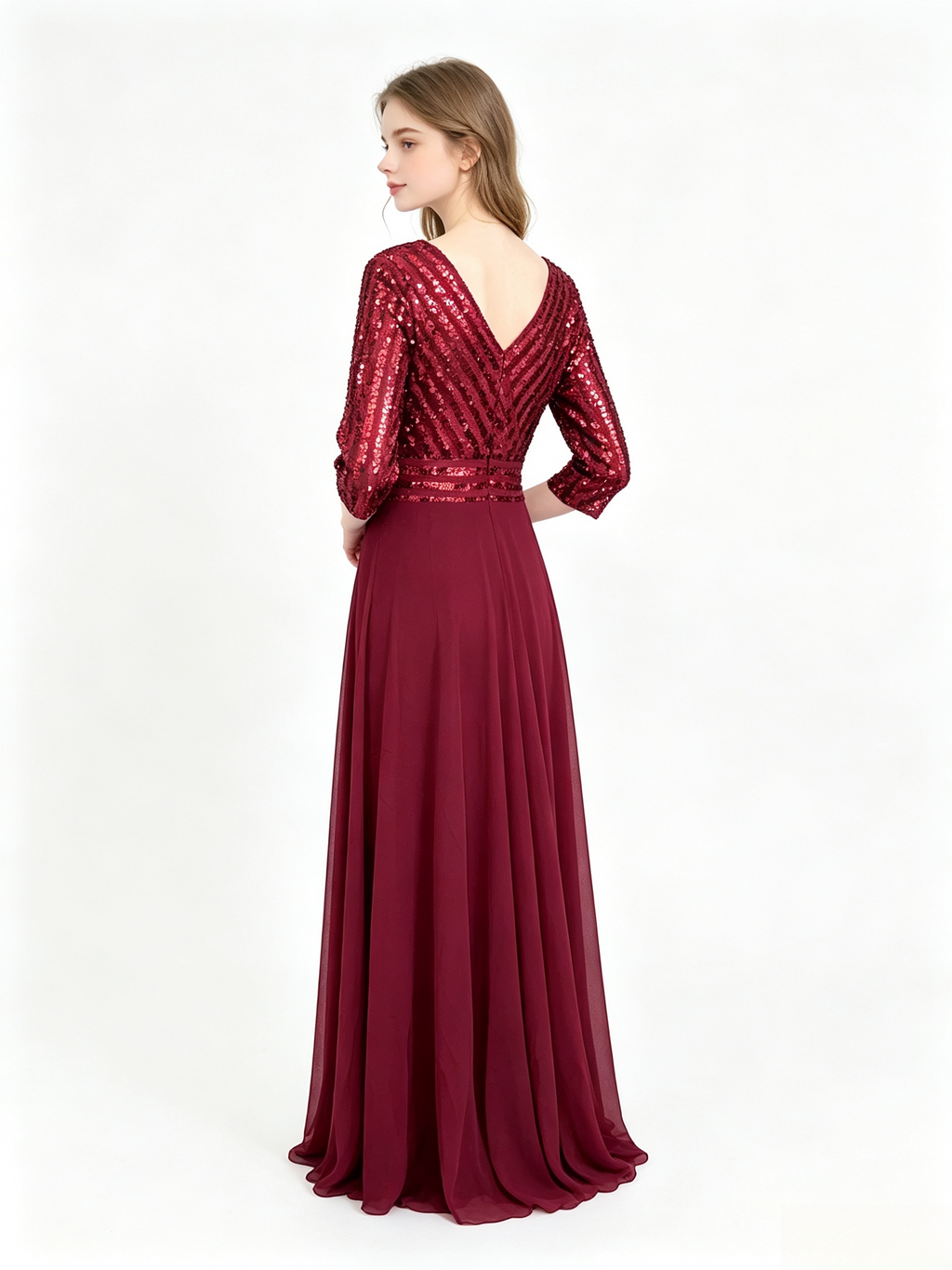 Burgundy Sequin Chiffon Maxi Evening Dress