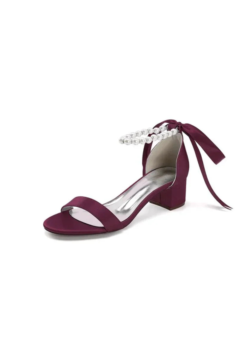 Block Heel Sandal Adorned with Pearl Ankle Band and Ribbon Bow