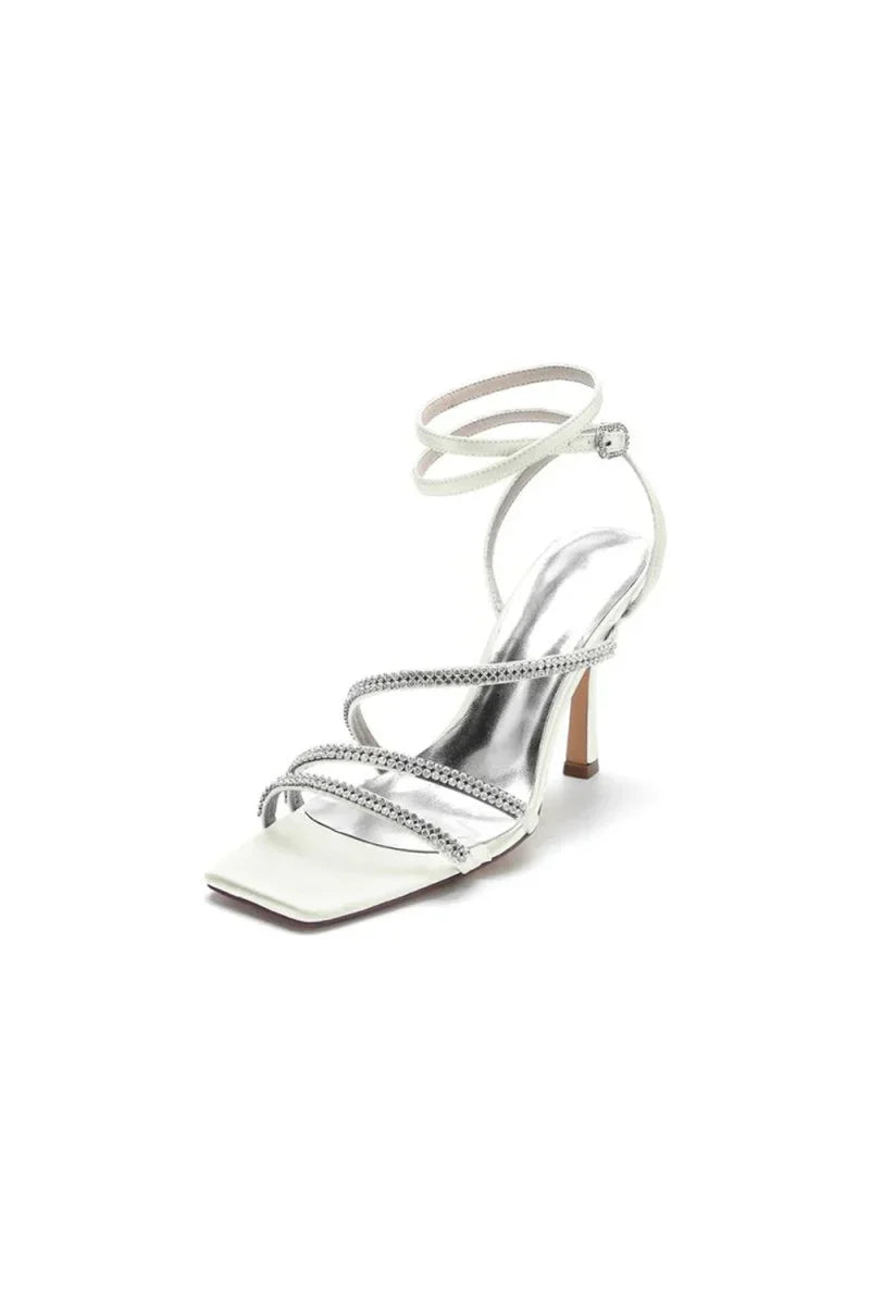 Multi Crystal Straps Square Open Toe Chunky Heels