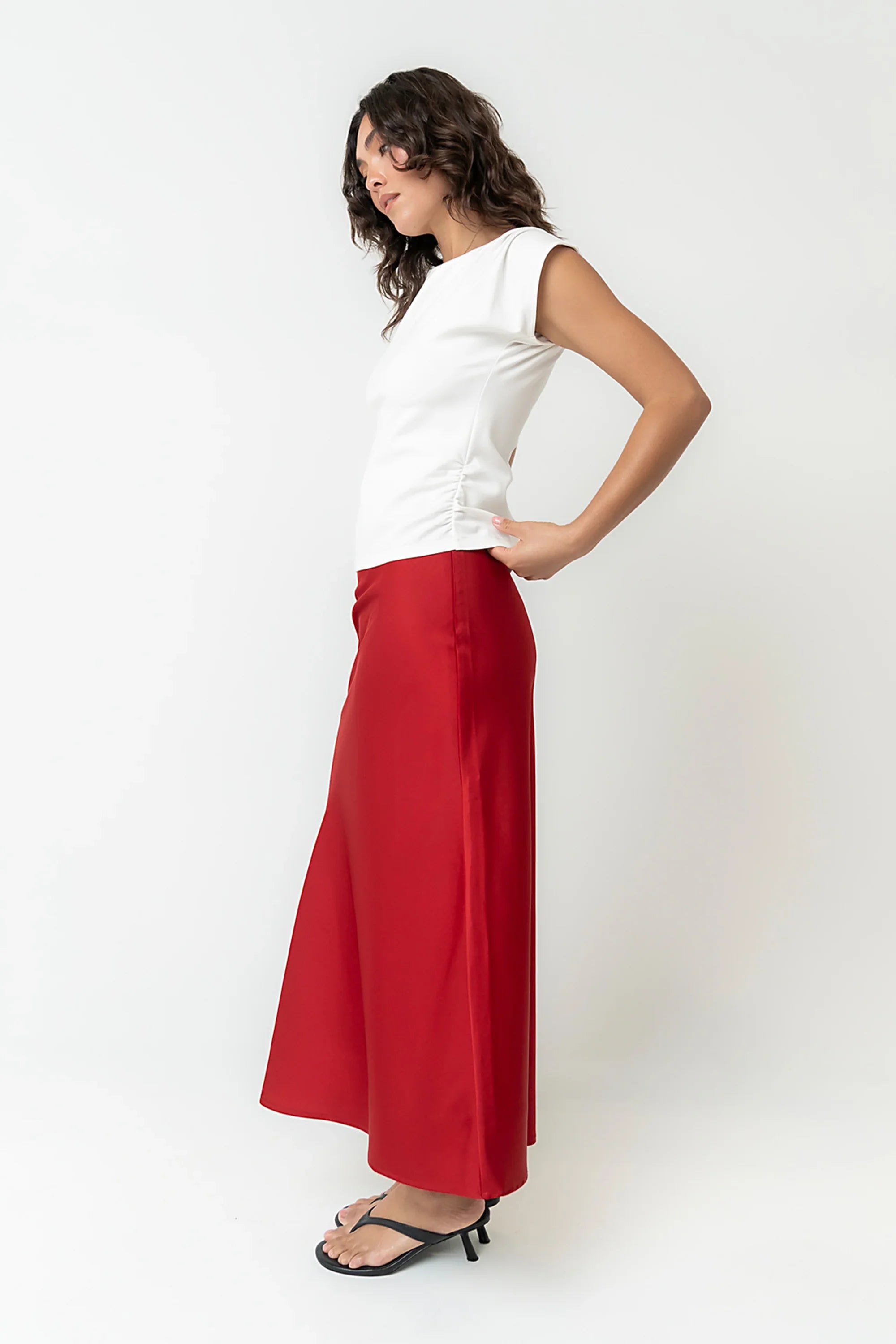Tory Satin Maxi Skirt in Red Brown