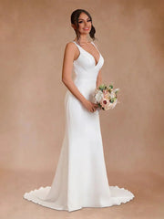 Ivory Plunge V Open Back Mermaid Long Wedding Dress