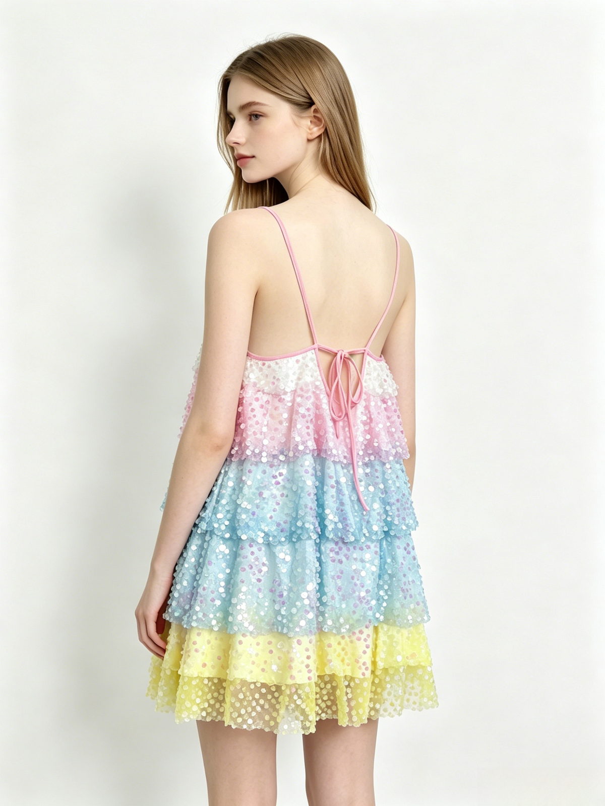 Rainbow Sequin Tiered Tie Back Mini Dress