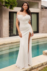 Oksana Gown Feather Trim Sequin Dress Off White