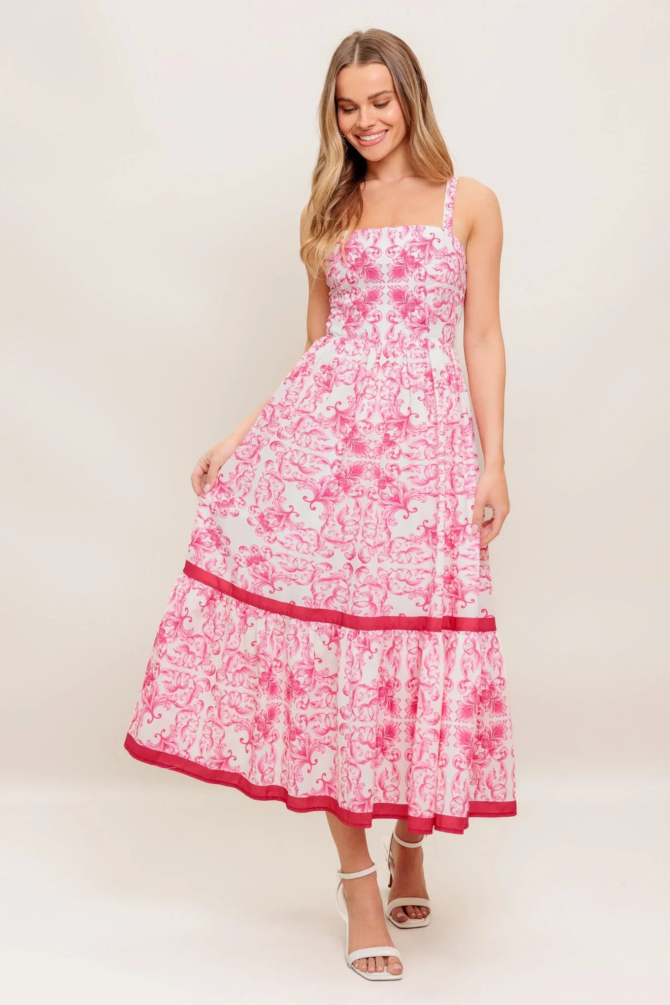 ROSALIE MIDI DRESS PINK SCROLL PRINT