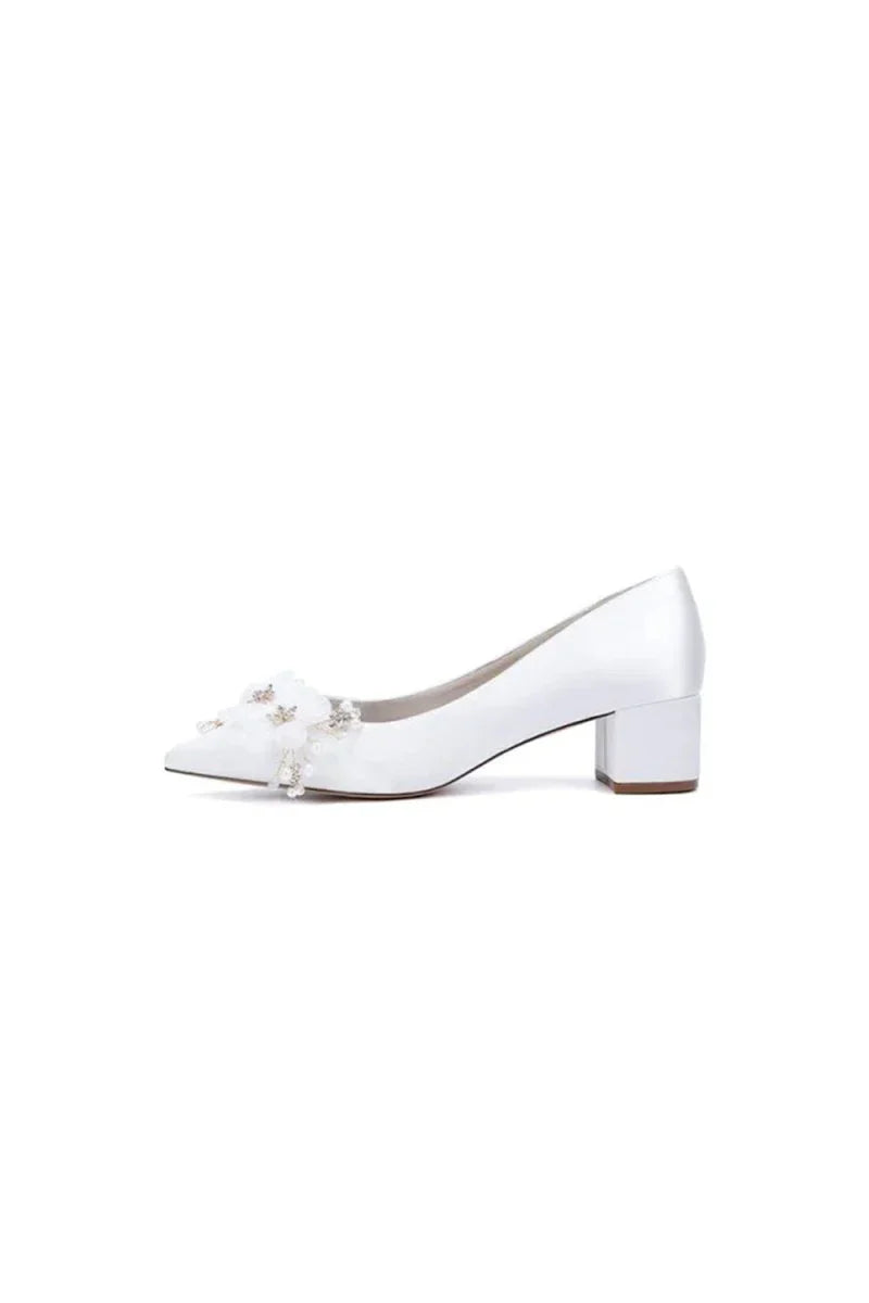 Pointed Toe Satin Slip on Chunky Wedding Shoes With Flower