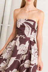 VINTAGE BLOOM STRAPLESS BURGUNDY MIDI DRESS
