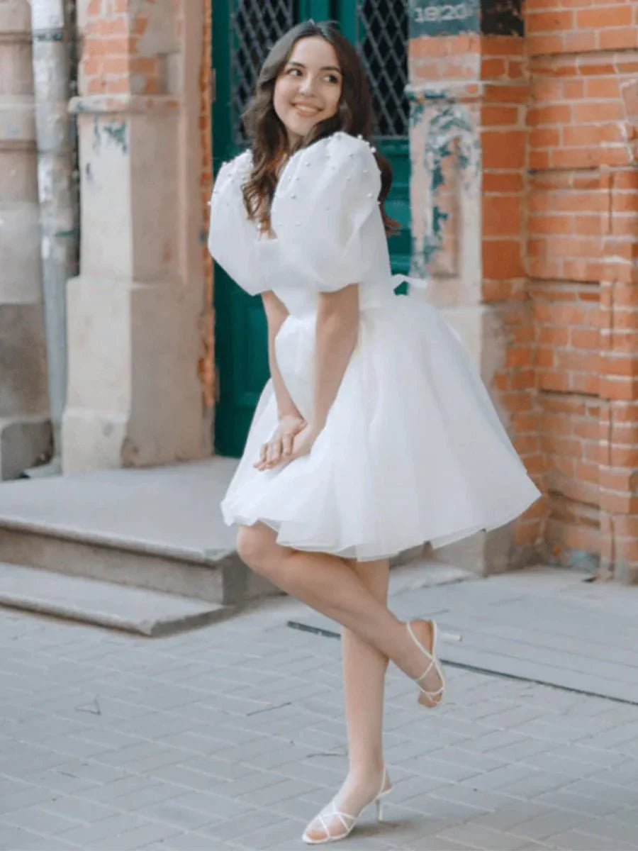 A Line Square Neck Short Wedding Dress With Puffy Pearls Sleeves