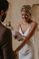 Spaghetti Straps V neck Simple Beach Wedding Dress