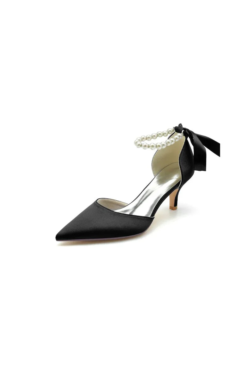 Pointed Toe Ribbons Faux Pearl Pumps