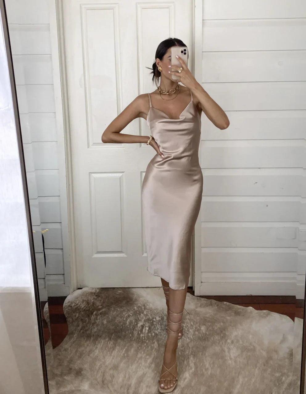 Aspen Midi Dress Champagne Satin Slip Dress