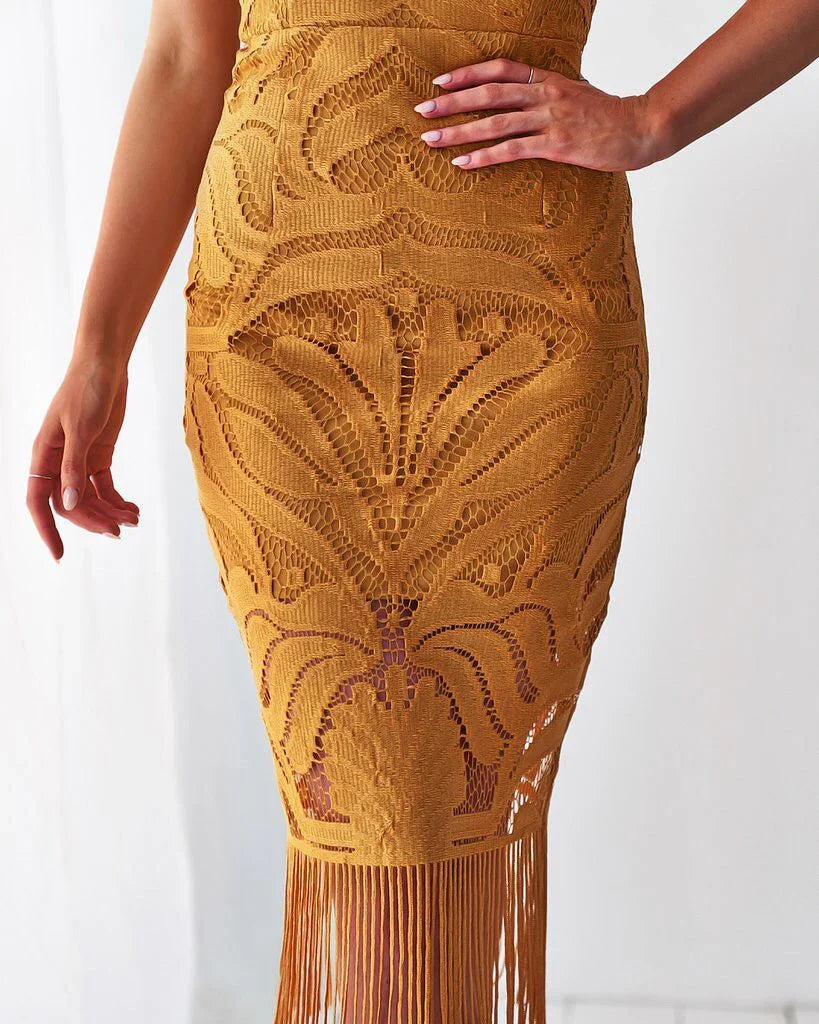 Khaleesi Dress Mustard Lace Dress With Fringe