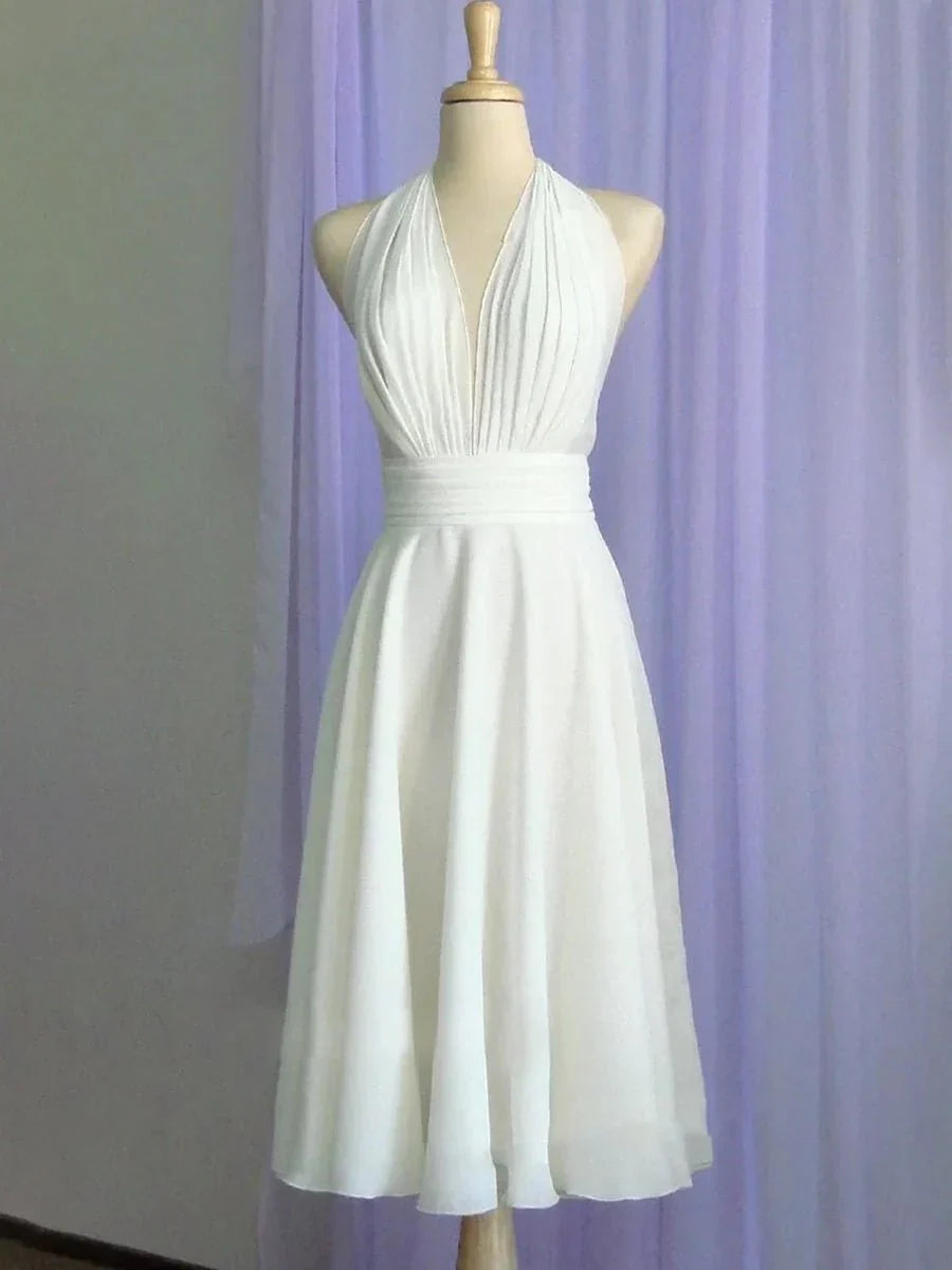 Vintage Tea Length Chiffon Wedding Dress With Halter Neck and Bow