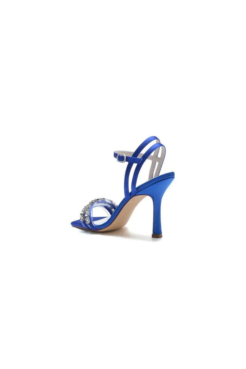 Royal Blue Satin Heels with Double Crystal Straps