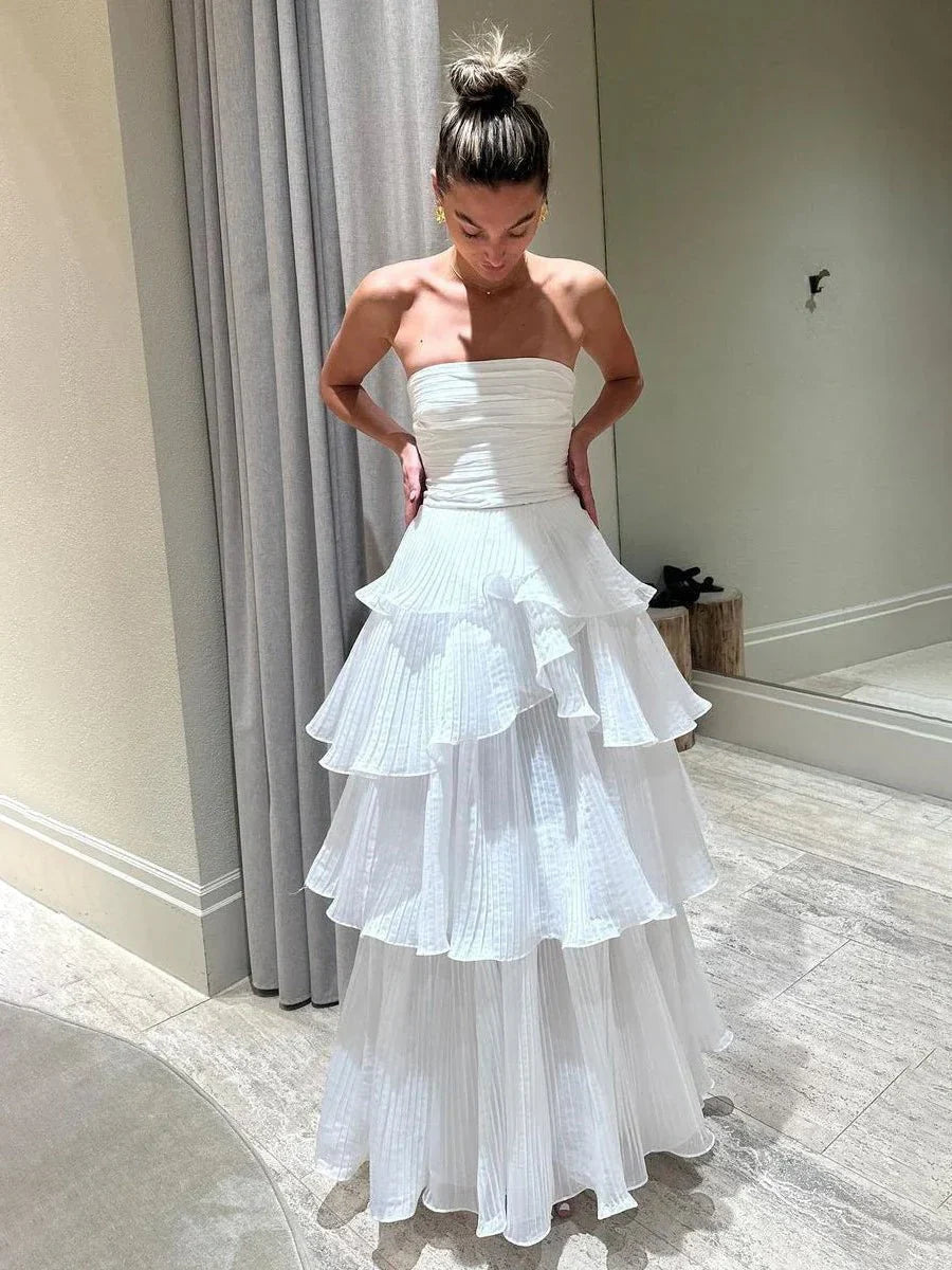 Cute A Line Chiffon Strapless Tiered Wedding Dresses
