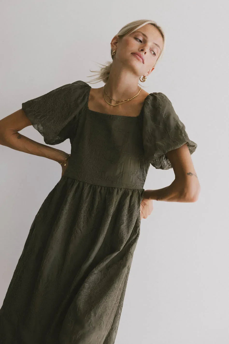 Karrie Embroidered Midi Dress in Olive FINAL SALE