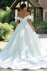 White Puff Off the Shoulder V Neck Sweeping Long Wedding Dress