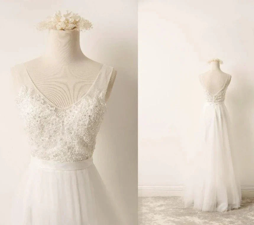 A Line Tulle Lace V Neck Wedding Dress With Sweep Train