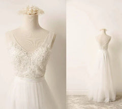 A Line Tulle Lace V Neck Wedding Dress With Sweep Train