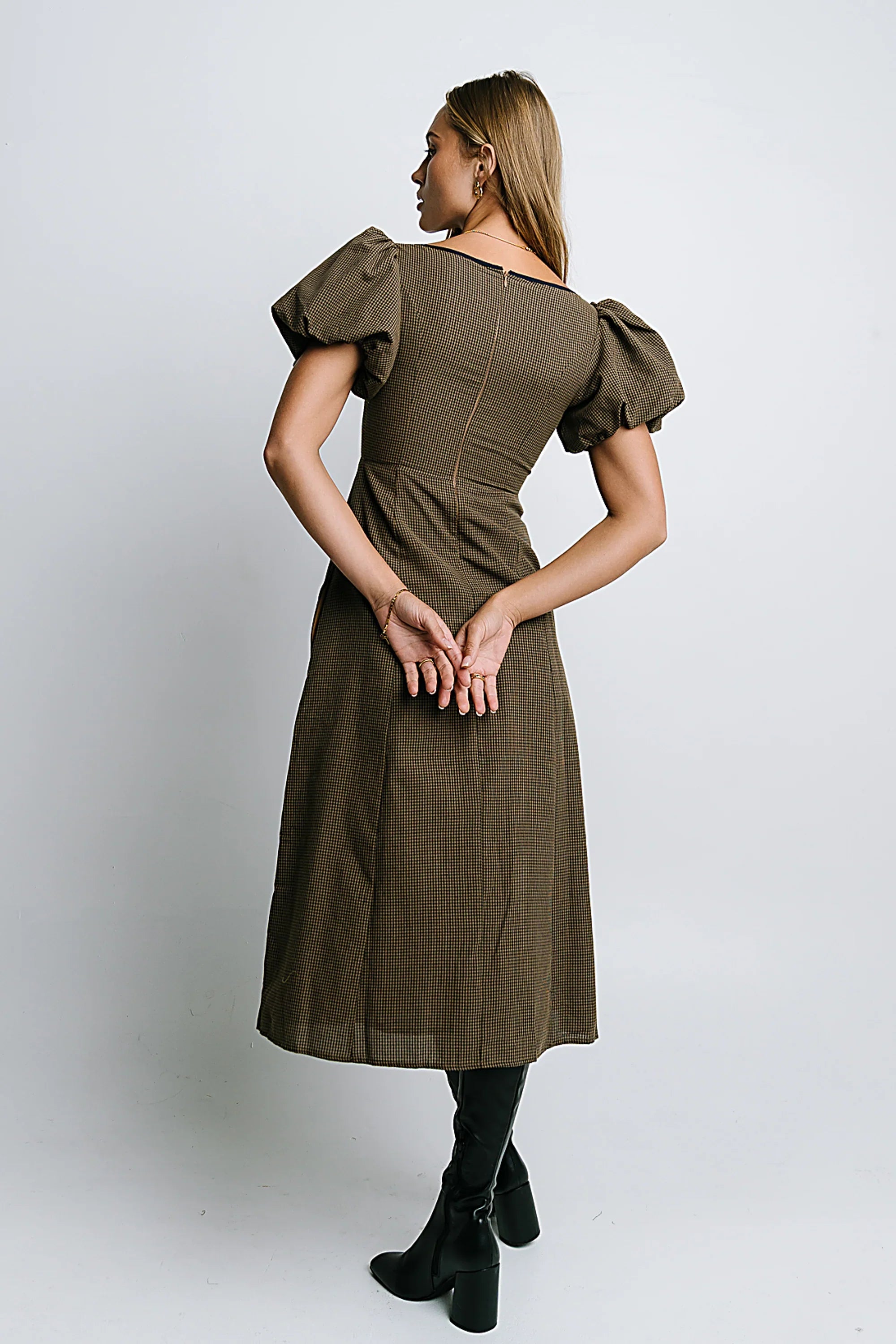 Elle Gingham Midi Dress in Brown FINAL SALE