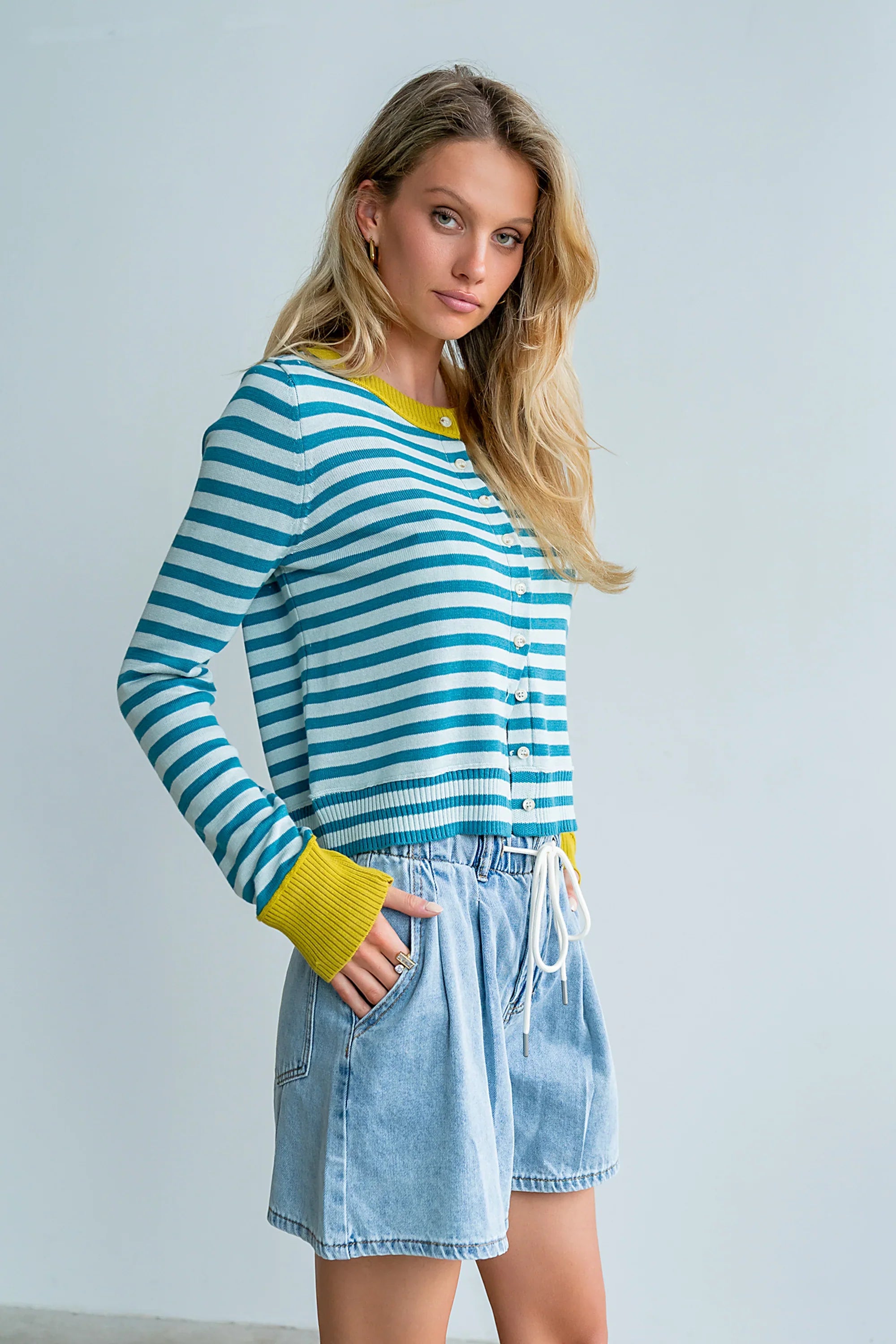 Kailey Striped Cardigan in Teal