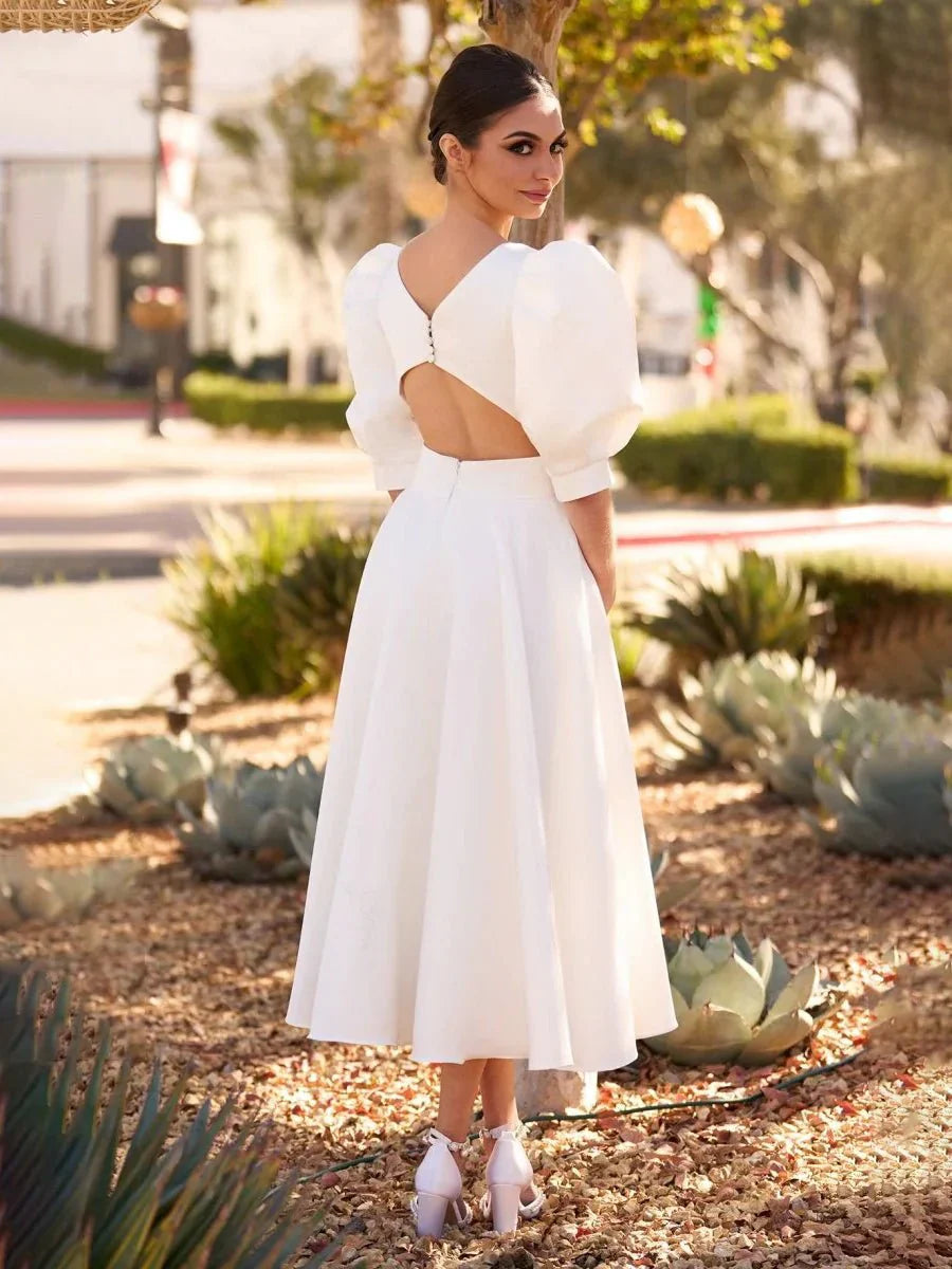 Elegant Bateau A Line Satin Knee length Wedding Dress