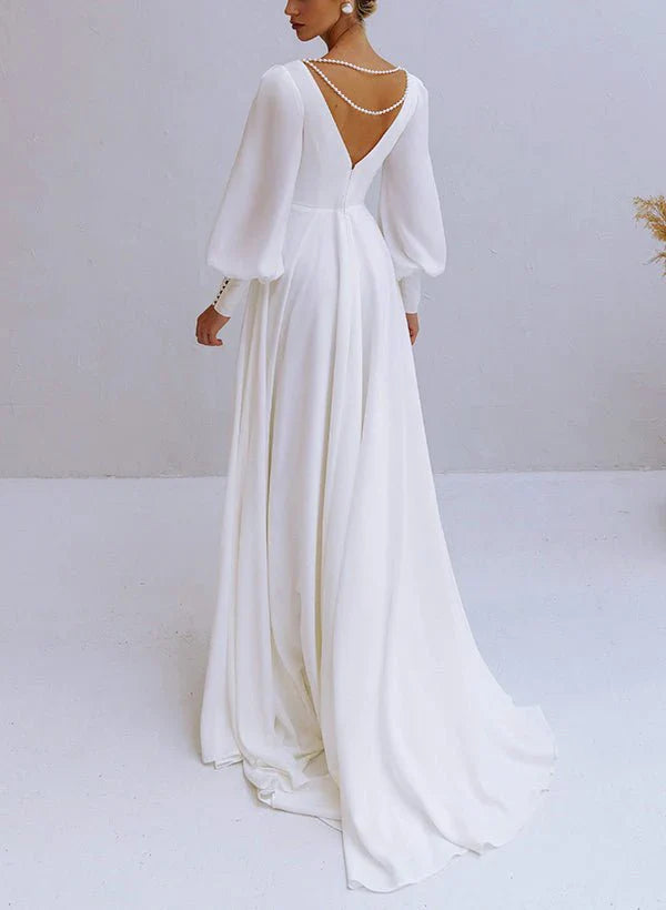 A Line V Neck Long Sleeves Chiffon Wedding Dresses With Beading