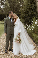 A Line Long Sleeves Satin Wedding Dresses with V Neck