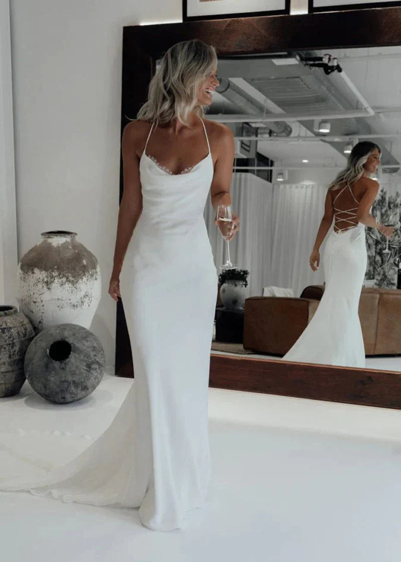 Mermaid Satin White Spaghetti Straps Wedding Dresses With Lace Up Back