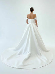 Elegant A Line Off the Shoulder White Satin Wedding Dresses