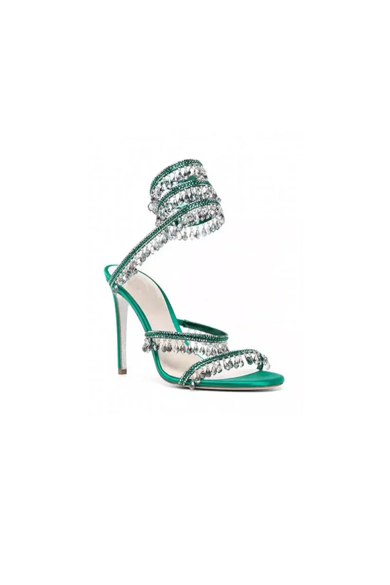 Open Toe Ankle Wrap Beaded Crystal Stiletto Heels