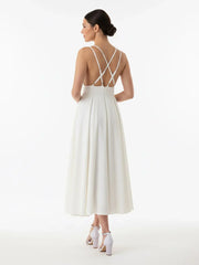 A Line V Neck Sleeveless Satin Knee Length Wedding Dress
