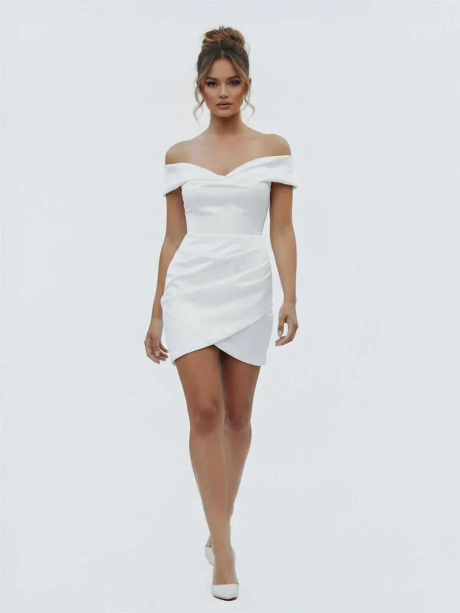 Sheath Off the Shoulder Satin Simple Wedding Dress Sleeveless Short Hemline