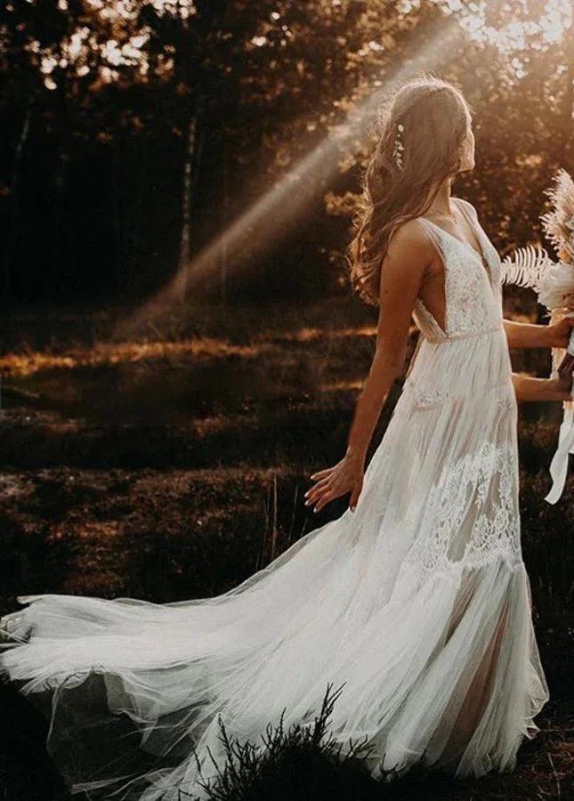 Bohemian Wedding Dresses V Neck Backless Romantic Dreamy Bridal Gowns