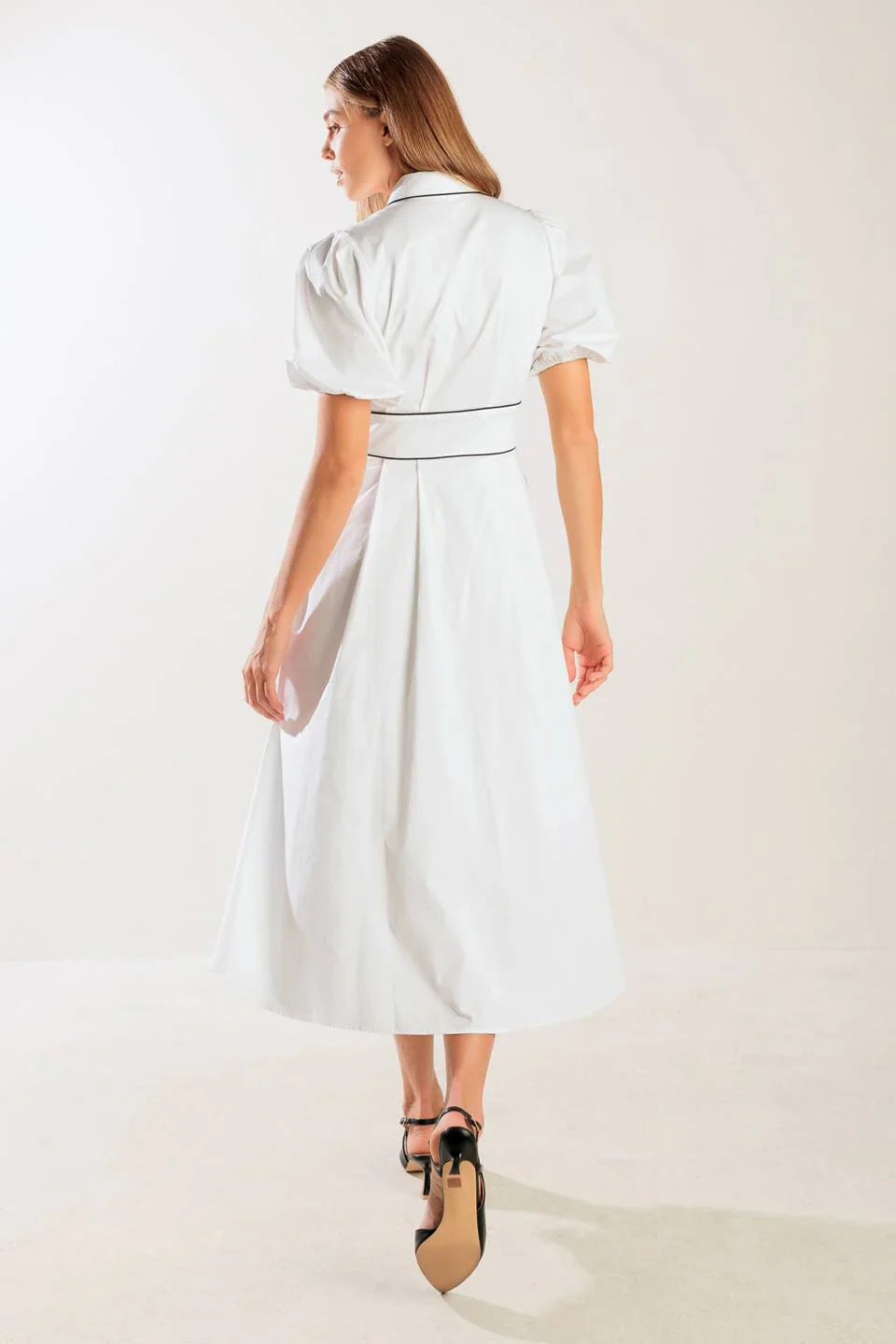 VINTAGE VIBES PUFF SLEEVE MIDI DRESS WHITE