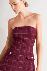 TWEED STRAPLESS MINI DRESS WINE