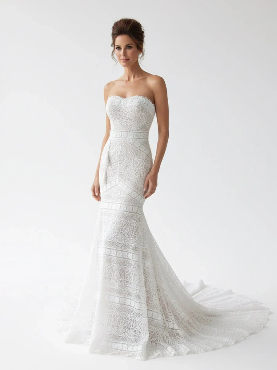 Vintage White Mermaid Lace Wedding Dress with Tassel