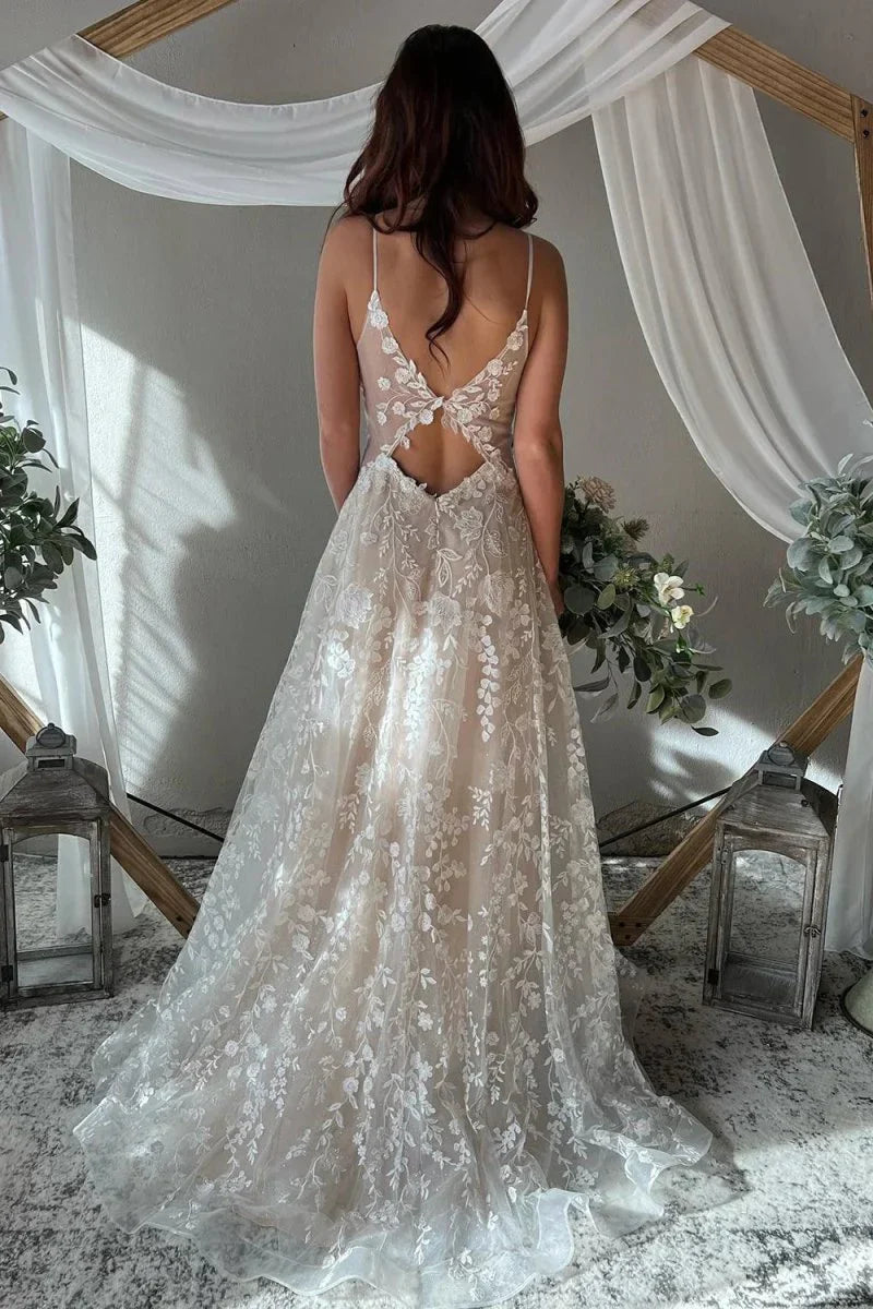 Exquisite A Line V Neck Lace Boho Wedding Dresses