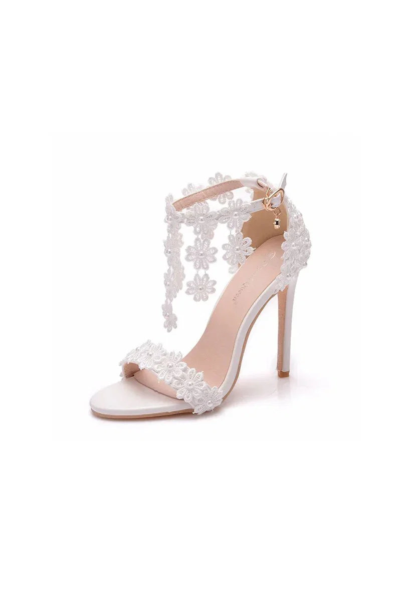White Lace Flowers Tassels Open Toe Ankle strap Ultra High Heels