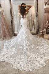 Mermaid Lace White Wedding Dresses Spaghetti Straps