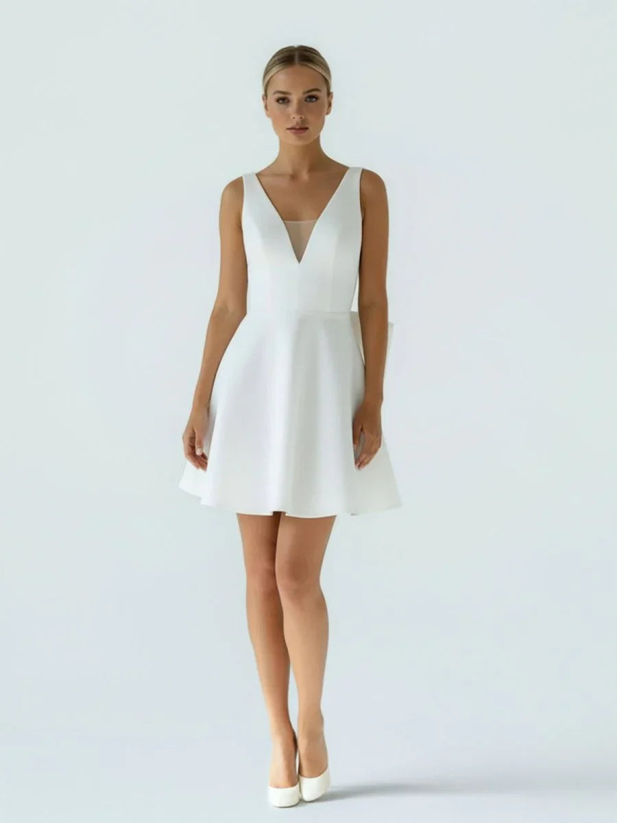 A Line White Satin V Neck Short Wedding Dress with Bow